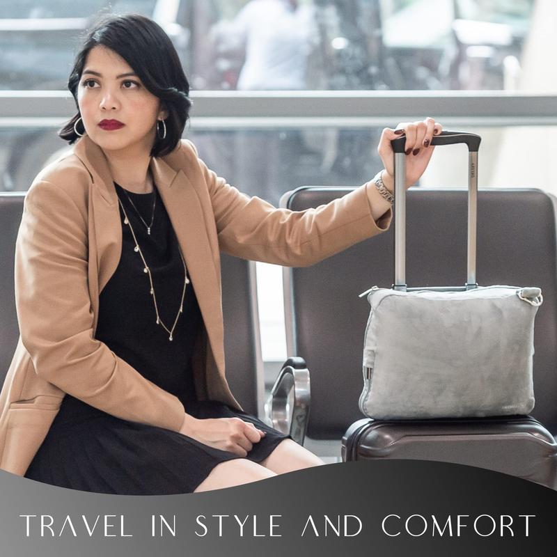 Travellow Travel Pillow and Blanket Set - 4-in-1 Ultimate Travel Kit with Memory Foam Pillow, Travel Blanket, Sleep Mask, and Earplugs-Ultimate Comfort and Coziness for Your Journeys - Grey