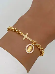 Women's Cross Virgin Mary Bracelet, Vintage Stainless Steel Chain, Casual Style, All Seasons Wear, Cuban Link Bracelet