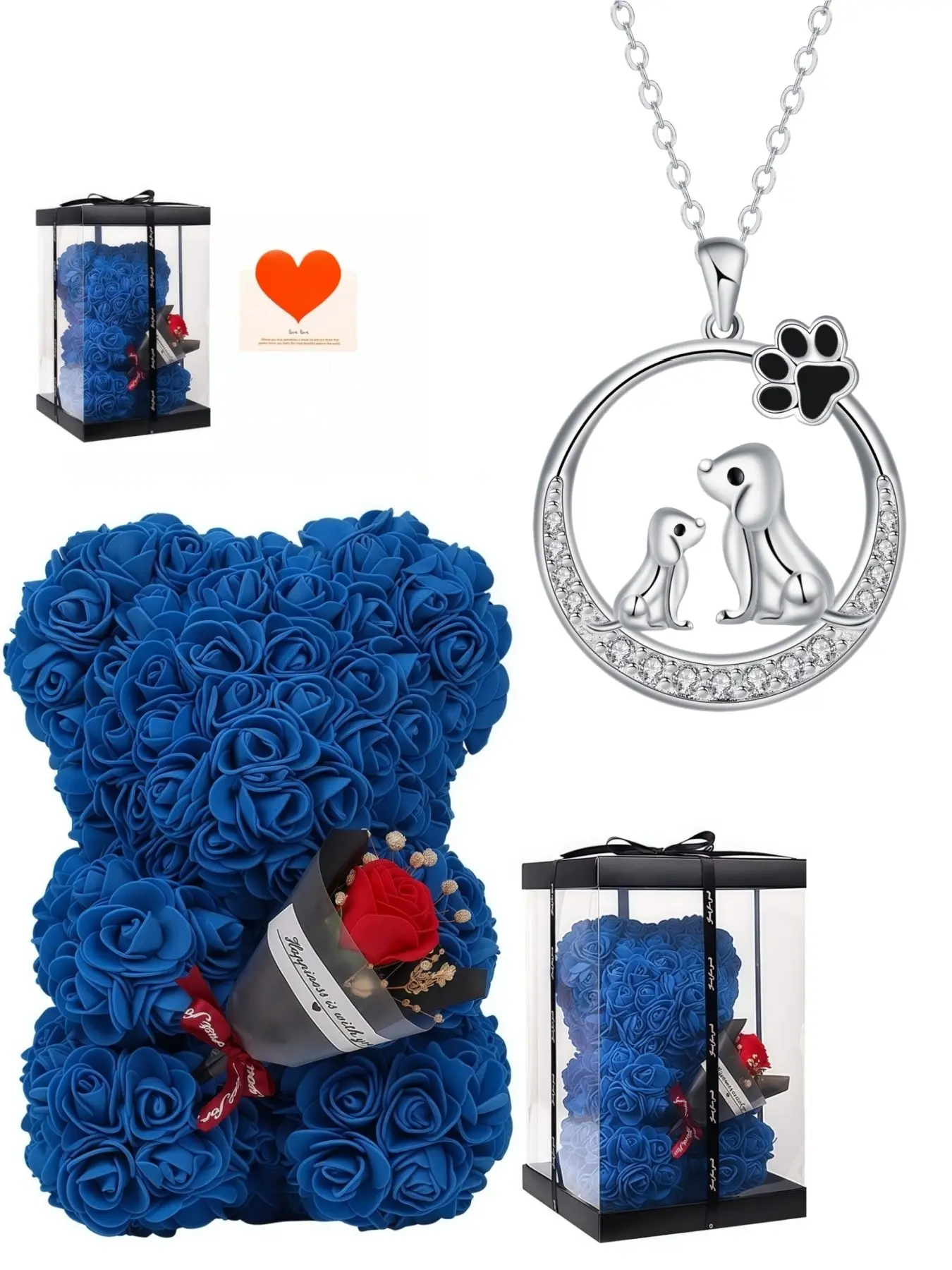 Diamond Ring Cute Dachshund Necklace, Copper pendant necklace, gemstone necklace with two dachshunds, paired with preserved rose teddy bear gift box. Ideal gift for birthdays, Valentine's Day, Christmas