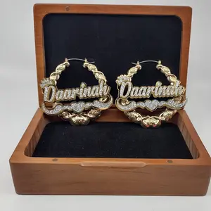 Heart and Swirl with Crown Custom XOXO Name and Background Gold Hoop Earrings