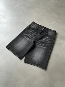 Men's Vintage Washed Jeans Wide Leg Shorts, Knee-Length Street Style Six Seven Inch Denim Jeans, Loose-Fitting Embroidery Pattern