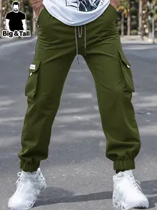 Large Size Men's Casual Sport Cargo Pants, Flap Pockets, Drawstring Waist, Side Pockets, Comfortable and Fashionable for All Seasons