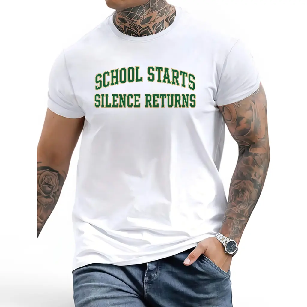 Classic Varsity Letter Graphic Featuring School Starts Silence Returns T-Shirt Suitable For Low Key Daily Back To School Season Everyday Outfit