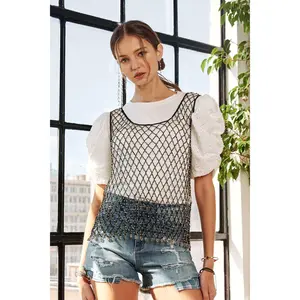 ADORA Beads Accent Fishnet Tank Top