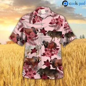 Brahman Hibiscus Hawaiian Shirt, Red Farm Cow Hawaiian Shirt, Hawaiian Shirt Men Women, Trendy Hawaiian Shirt for Men and Women, All over Print Hawaiian Perfect for Beach, Vacation, or Casual Summer Outfit