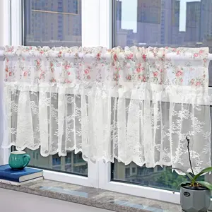 1pc French Country Floral Short Curtain, Romantic Kitchen Window Divider, Balcony Bedroom Door Privacy Screen, Half Light Blocking Decorative Rod Pocket Cafe Curtains, Home Decoration Curtain