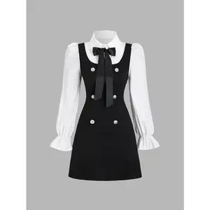2-in-1 Dress with Detachable Bow - Black & White, Stand Collar, Long Sleeve, Fitted, Fake Buttons, Ruffled Sleeves, All-Season Fashion, Adult Women'S Dress | Classic Dress Style | Ruffled Sleeve Design, Plus Size Dress Casual Polyester