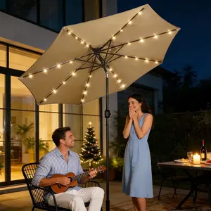 WLLJOY 9ft Solar Patio Umbrella, Tilt Adjustment LED Outdoor Umbrella with 8 Reinforced Ribs for Garden, Backyard, Pool, Khaki