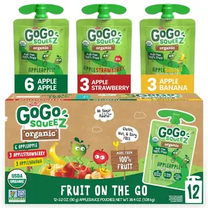 GoGo squeeZ Organic Fruit Pouches - Apple, Strawberry & Banana, 12 Pack, Unsweetened Kids' Snacks Corn Vitamin