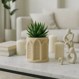 Gothic Cathedral Window 3D Printed Planter – Architectural Neutral Pot for Succulents & Small Plants