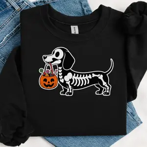 Halloween Skeleton Dog Shirt, Dachshund Trick Or Treat TShirt, Spooky Wiener Dog Bones Tee, Funny Halloween Costume Shirt