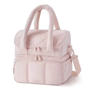 Double Layer Insulated Lunch Bag, Quilted Down Fabric, 10x7x10 Inches, Leak-Proof Durable, Handheld or Crossbody, Ideal for Commute, School, Picnic, Thermal Bag