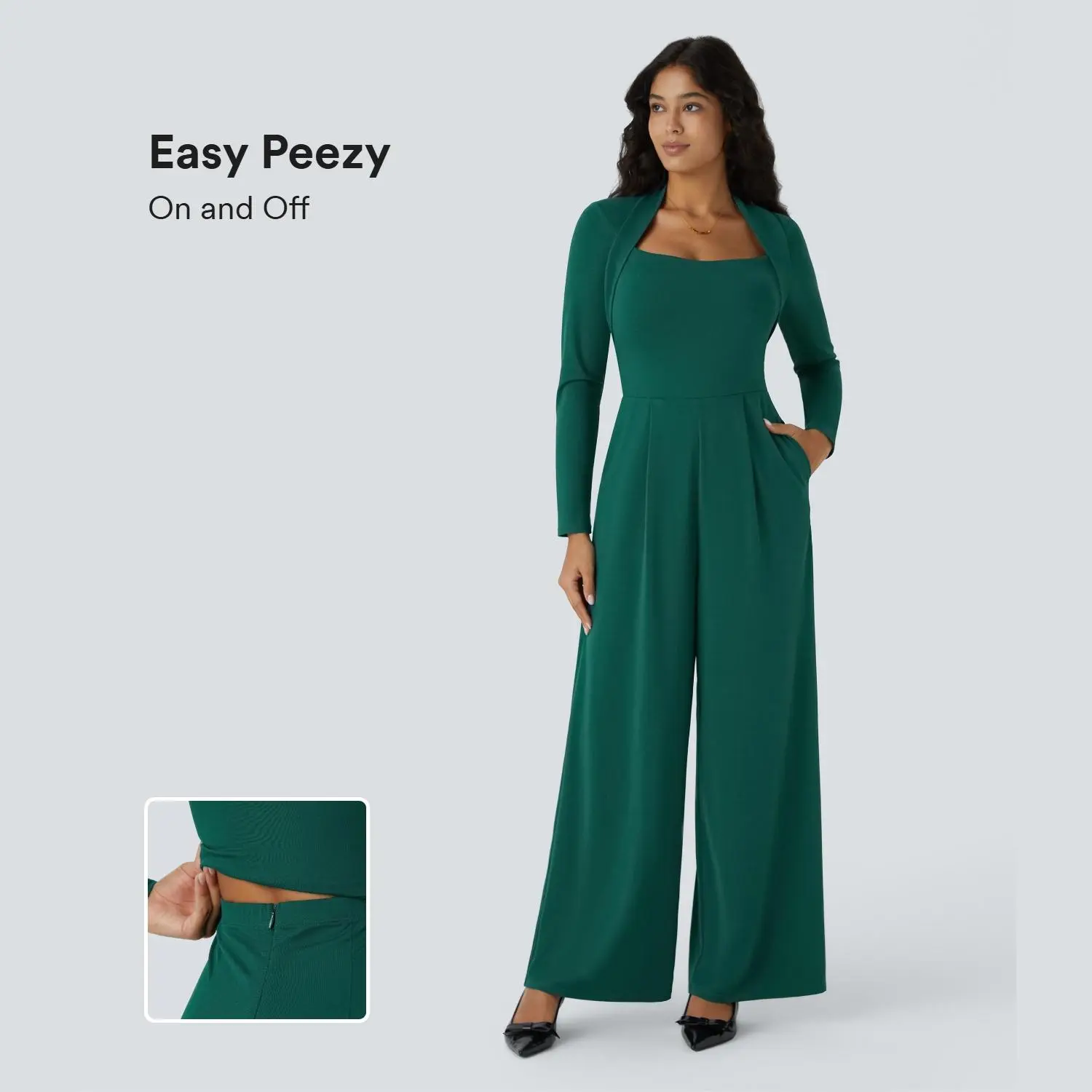 Halara Long Sleeve Pocket Wide Leg Jumpsuit-Easy Peezy