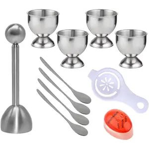 Egg Cracker Topper Set for Soft Boiled Eggs Includes 1 Stainless Steel Egg Topper 4 Egg holder cups 4 Egg Spoons 1 Egg Timer 1 Egg Yolk Separator