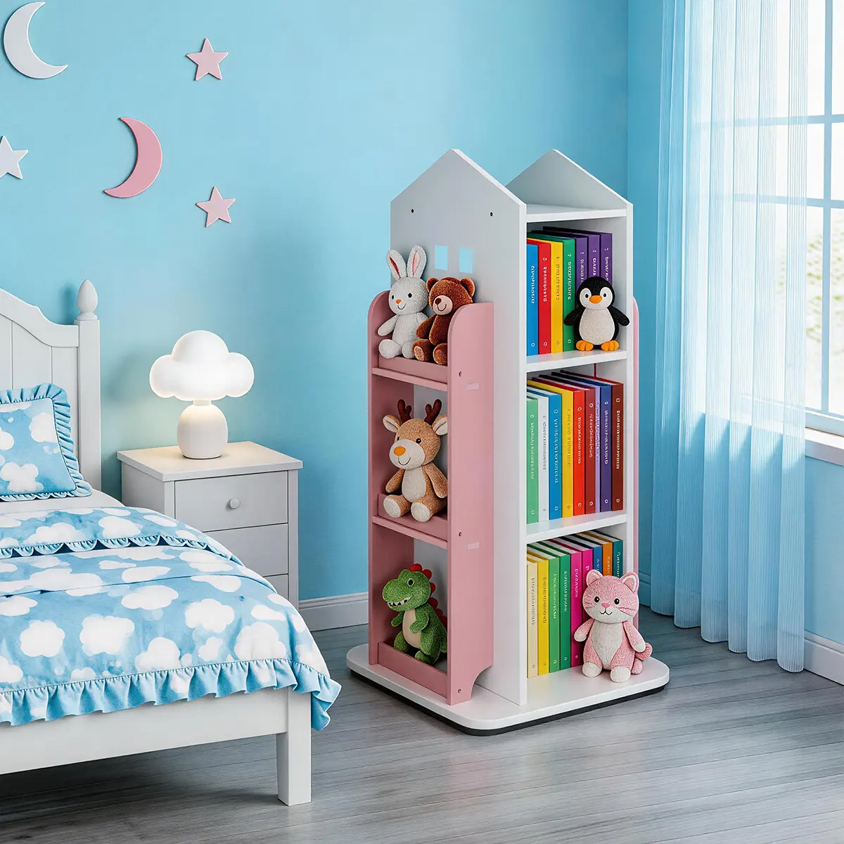 White 4-Tier PVC Corner Shelf System - 360-Degree Rotating Floor-Standing Bookshelf Tower, Space Saving Layered Multi-Shelf Living Room Furniture, Kids Book Organizer for Bedroom Small Spaces