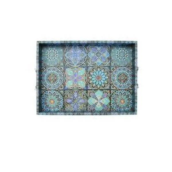 Set of 2 Moroccan Teal Wooden Serving Tray