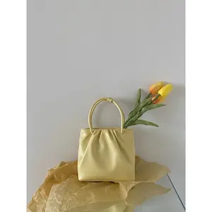 Bright Yellow Square Pleated Versatile Small Bag for Women 2025 Summer Girl Handbag Casual Korean Style Single Shoulder Crossbody Bag Trendy