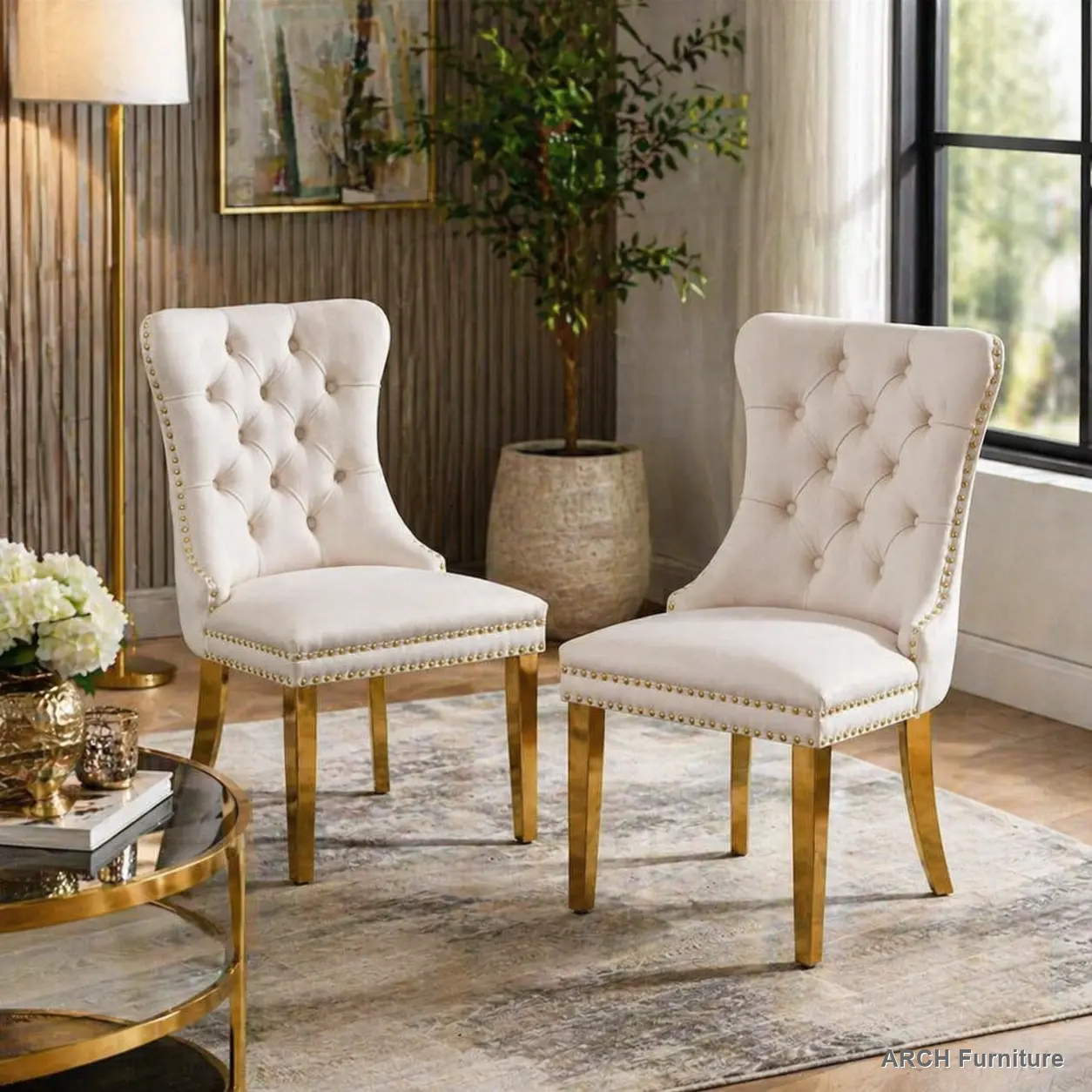A&A Furniture Nikki Collection Modern High-End Tufted Velvet Dining Chairs - Set of 2, Golden Stainless Steel Plating Legs, Nailhead Trim, Beige & Gold, Easy Assembly, Comfortable Decorative Dining Chairs, SW1601BG WL, Modern Dining Chairs