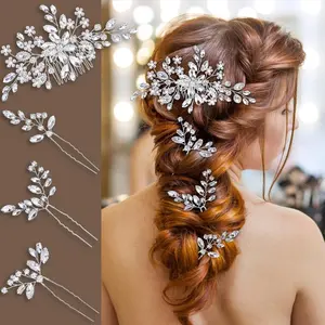 4-pcs elegant rhinestone wedding hair accessory set, sparkling bridal headpiece, U-shaped rhinestone hair side comb hair clip, suitable for parties and weddings