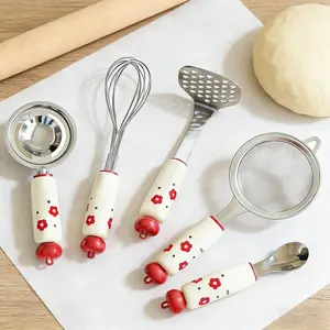 5-Piece Mini Kitchen Tool Set, Cute Stainless Steel Baking Tools, Egg Beater, Potato Masher, Egg Separator, Fine Strainer, Soup Spoon, Flower Handle, Home Use