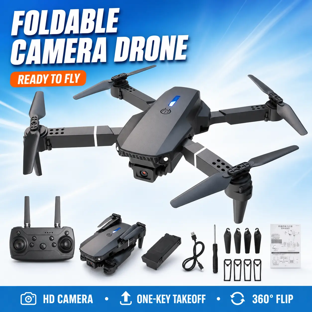 E88 PRO Mini Drone - Foldable Aerial Drone, Compact Folding Design, Built-in Screen Controller, Adjustable Camera Video, Modular Battery, Beginner Friendly Easy-to-Fly