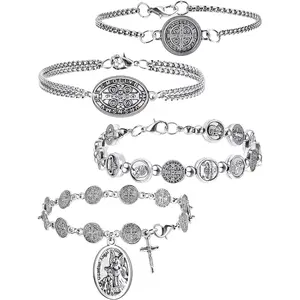 4-Piece Set Thai Silver Rosary Bracelet Religious Birthday Gift Catholic Saint Benedict Prayer Bracelet Saint Medal Men Women Christian Jewelry Gift
