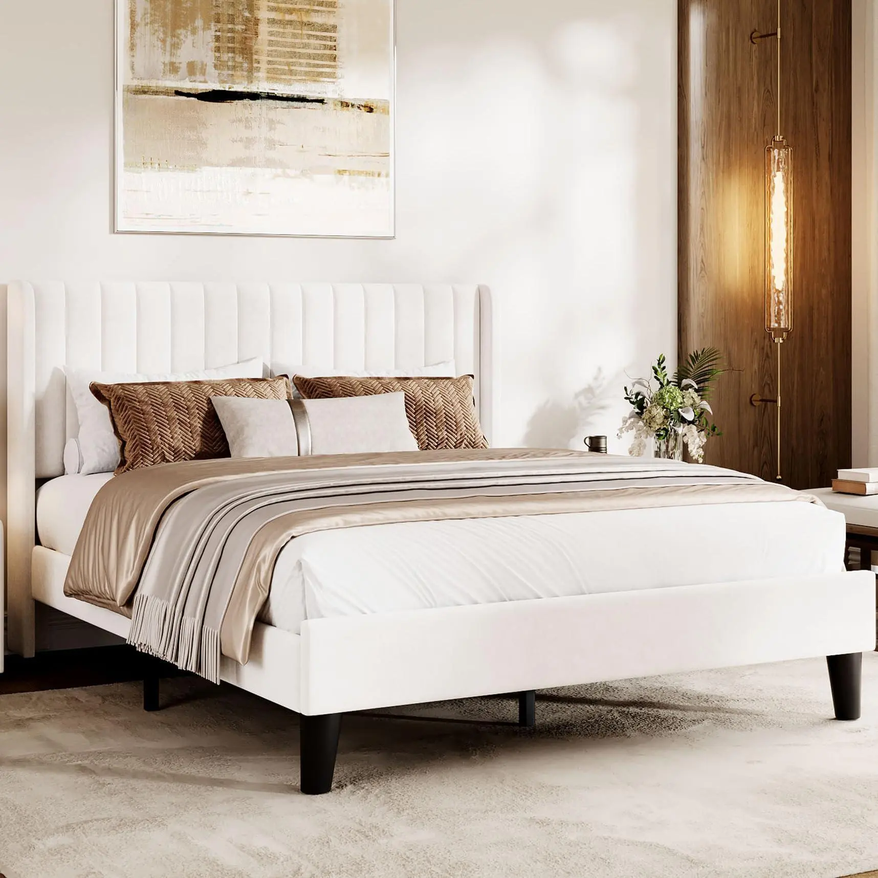 Garvee Queen Size Velvet Bed Frame/ Vertical Channel Tufted Wingback Headboard/ Upholstered Platform Bed/ Wood Slats/ No Box Spring Needed/ Easy Assembly/ Beige
