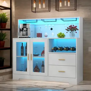 Wine Bar Cabinet with Wine Rack and Glass Holders, Home Coffee Bar Cabinet with LED Light, Kitchen Buffet Sideboard with Storage Cabinet and Drawers, Modern Liquor Cabinet bar cabinet