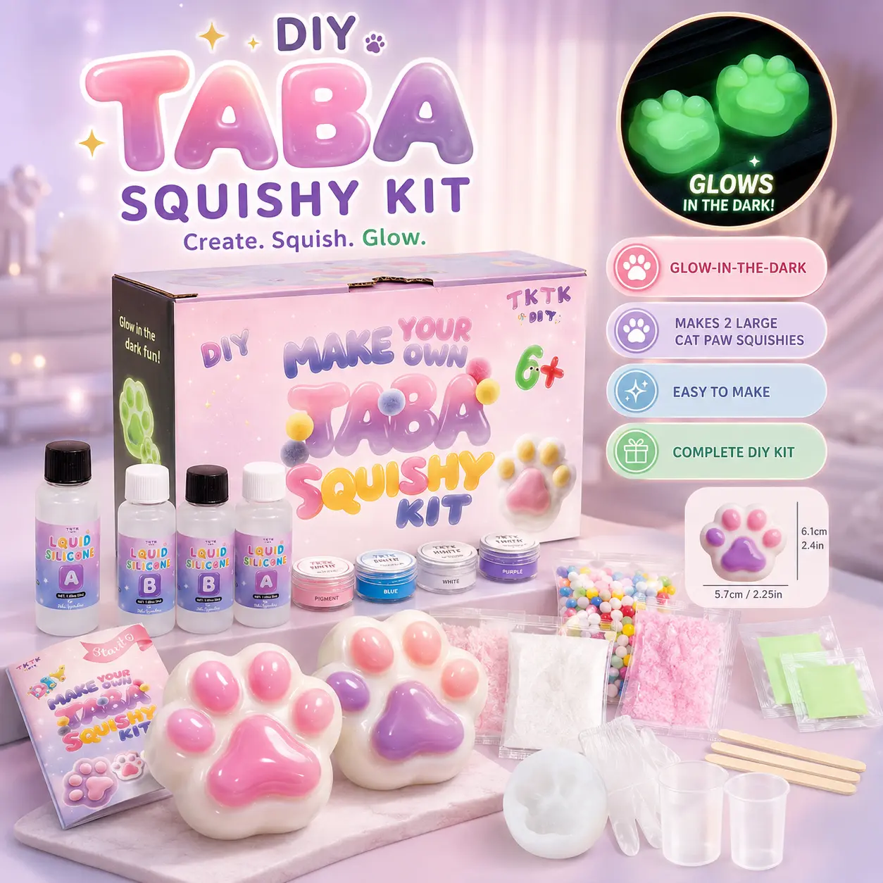 DIY Glow-in-the-Dark Big Cat Paw Taba Squishy Toy Kit - Rubber Tree Craft Set with Slime Supplies, Stress Relief Fidget Squeeze Balls, Fun Gifts, Little Gifts for Girls, Creative Slime Play with a Twist