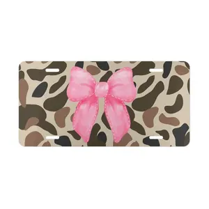 Pink Bow Coquette Leopard Pattern Car License Plate for Personalized Vehicle Identification