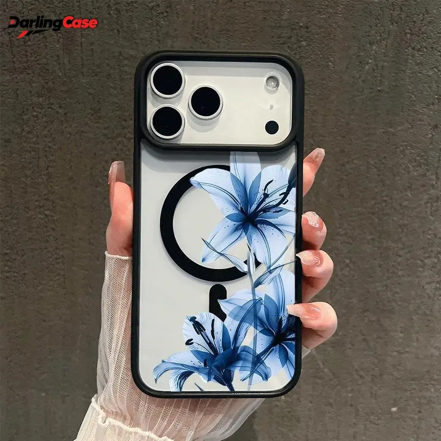 DarlingCase Blue Lily Whisper Transparent TPU Magnetic MagSafe Ring Case - Slim Fit, Shockproof, Dressy Asian Phone Accessories for iPhone 17 Pro Max,16,15 Pro,14,13,12,11,XR,XS Plus,SE, Customized