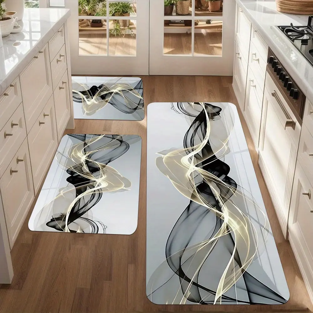 2pcs/3pcs, Daily Kitchen Mat Set - Abstract Line Pattern Kitchen Decor, Non-Slip Flannel Mat for Sink, Bedroom, Living Room, Dining Area - Easy Clean,