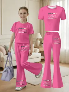 Girls' Fuchsia Pixel Print Short Top & Flare Pants Set