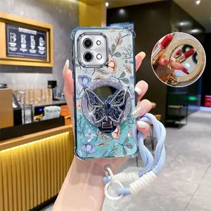Y28 Fashion Series Advanced Braided Tape Strap Lanyard Phone Holder Case For Compatible With Vivo Y28 Transparent Glitter Shiny Cover and Durable Premium Luxury Leaf Protector Cases