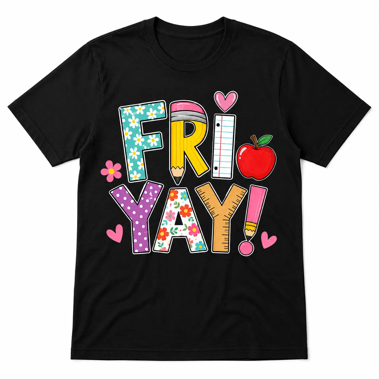 Fri Yay Teacher T-Shirt, Colorful School Supplies Floral Graphic Tee, Happy Friday Back to School Shirt, Teacher Appreciation Gift, 100% Cotton Adult Unisex Fit, Ships from USA