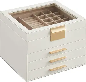 Jewelry Box with Glass Lid, 4-Layer Jewelry Organizer, 3 Drawers, for Big and Small Jewelry, Jewelry Storage, 8 x 9.1 x 6.5 Inches, Gifts