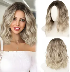 Short bob wig with gradient highlights in light gold, 14-inch shoulder-length wavy wig with short curls