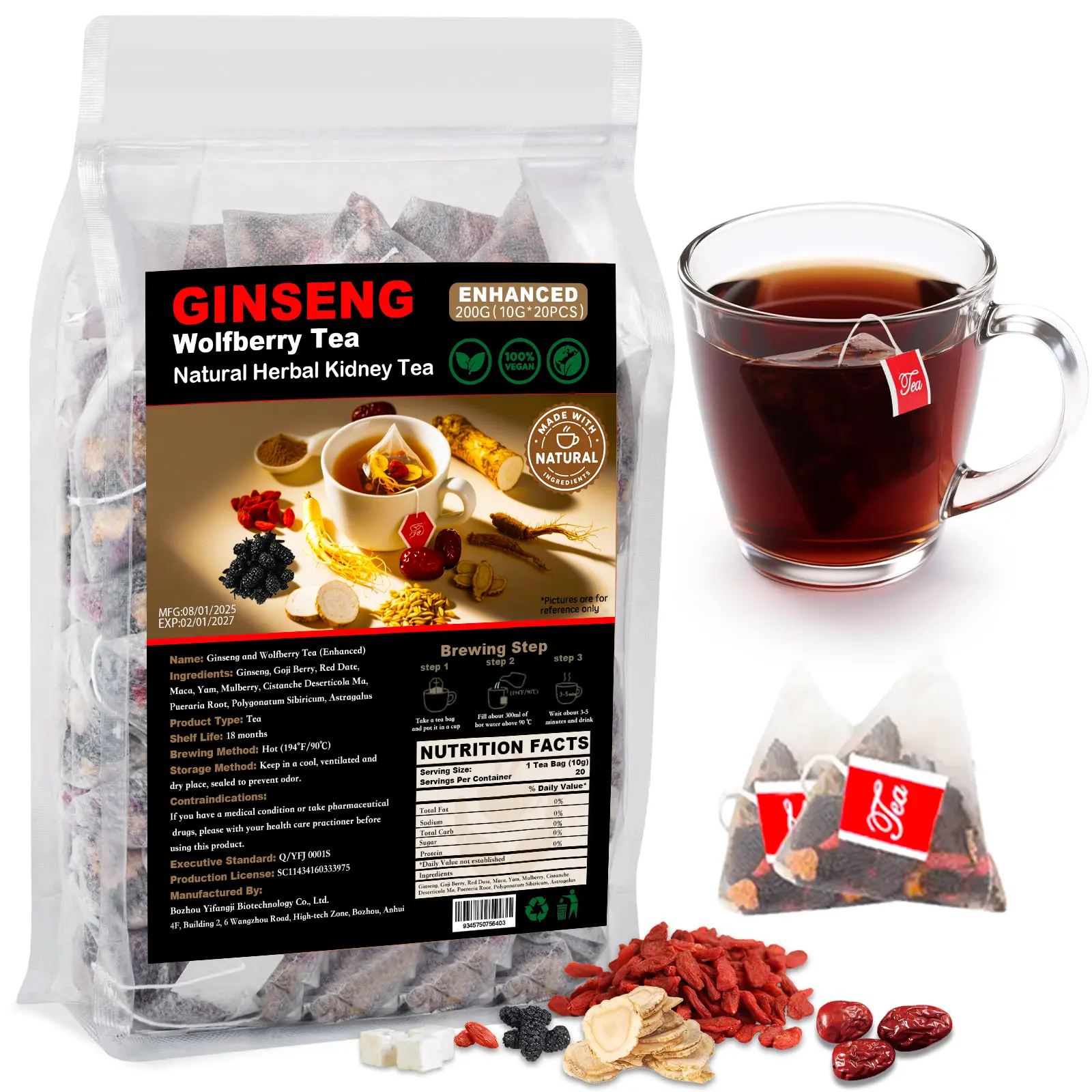 Men's Natural Energy Booster Tea Bags - 10g Herbal Wolfberry Ginseng Blend with Goji, Maca, Mulberries, Botanical Extracts, Supports Stamina, Kidney Wellness, Strength, Boost Confidence (60 Pcs) Beverage