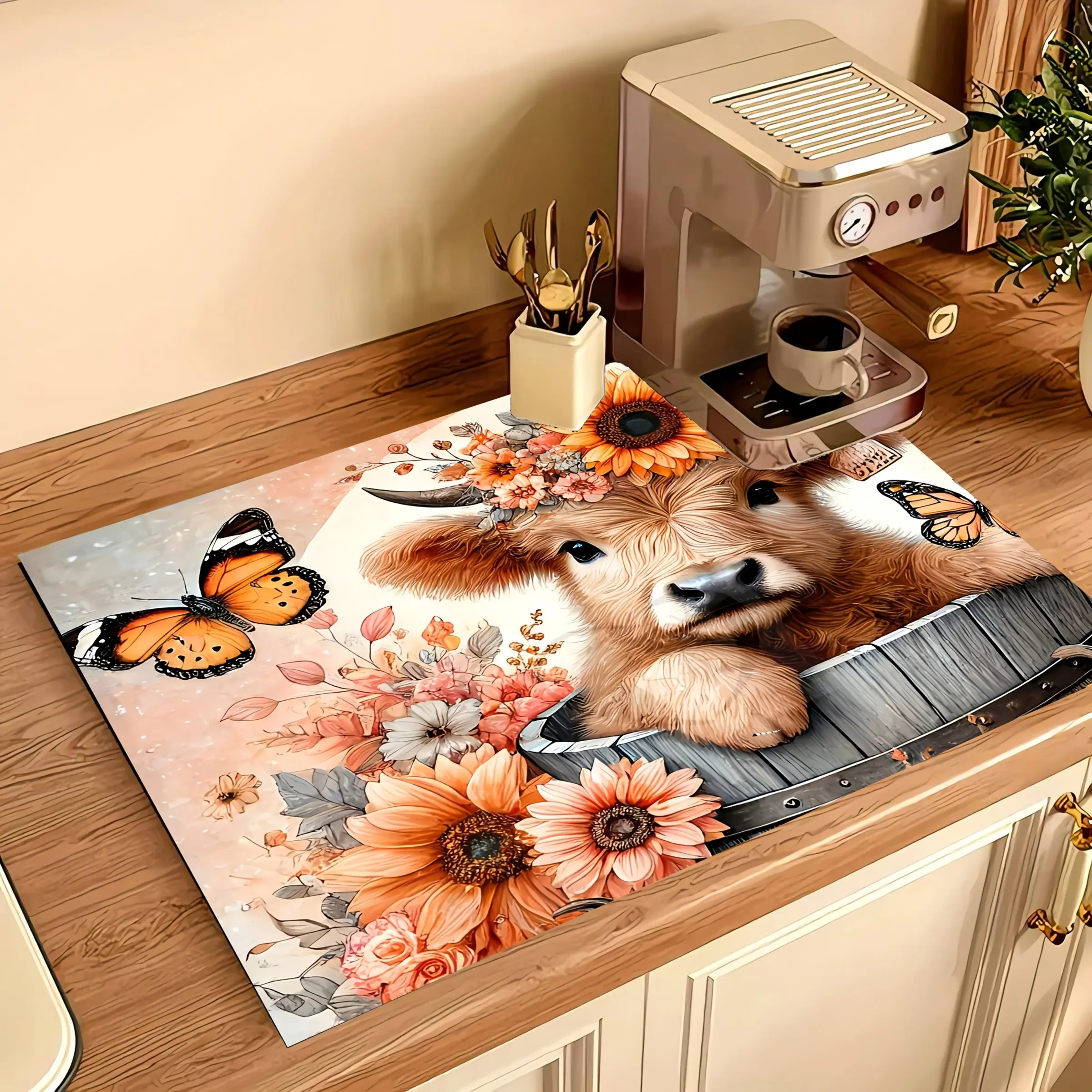 Sunflower Cow Butterfly Pattern Non-Slip Oil-Proof Coffee Machine Mat, Coffee Bar Mat, Absorbent Insulated Pad for Kitchen Countertop Drainage, Washable Protection Placemat