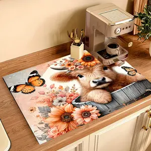 Sunflower Cow Butterfly Pattern Non-Slip Oil-Proof Coffee Machine Mat, Absorbent Insulated Pad for Kitchen Countertop Drainage, Washable Protection Placemat