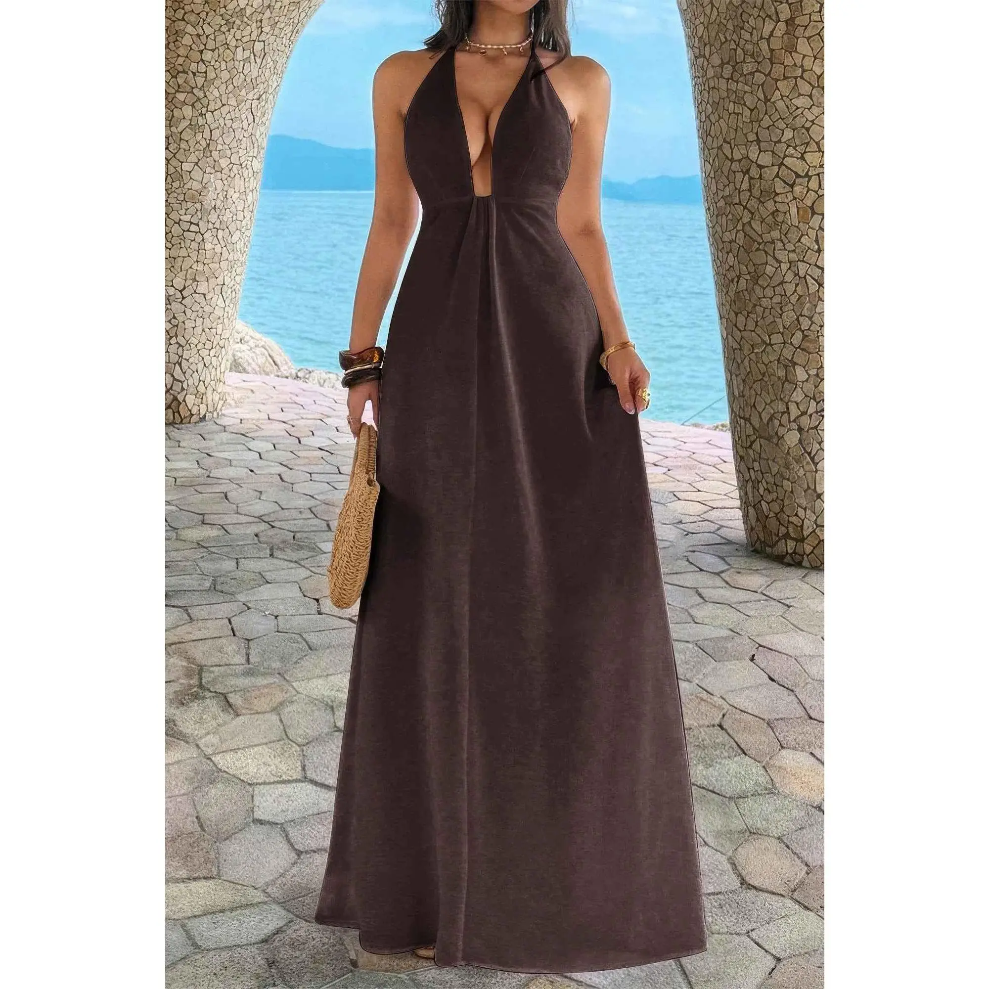 Halter Solid Hide Zipper A Line Maxi Dress