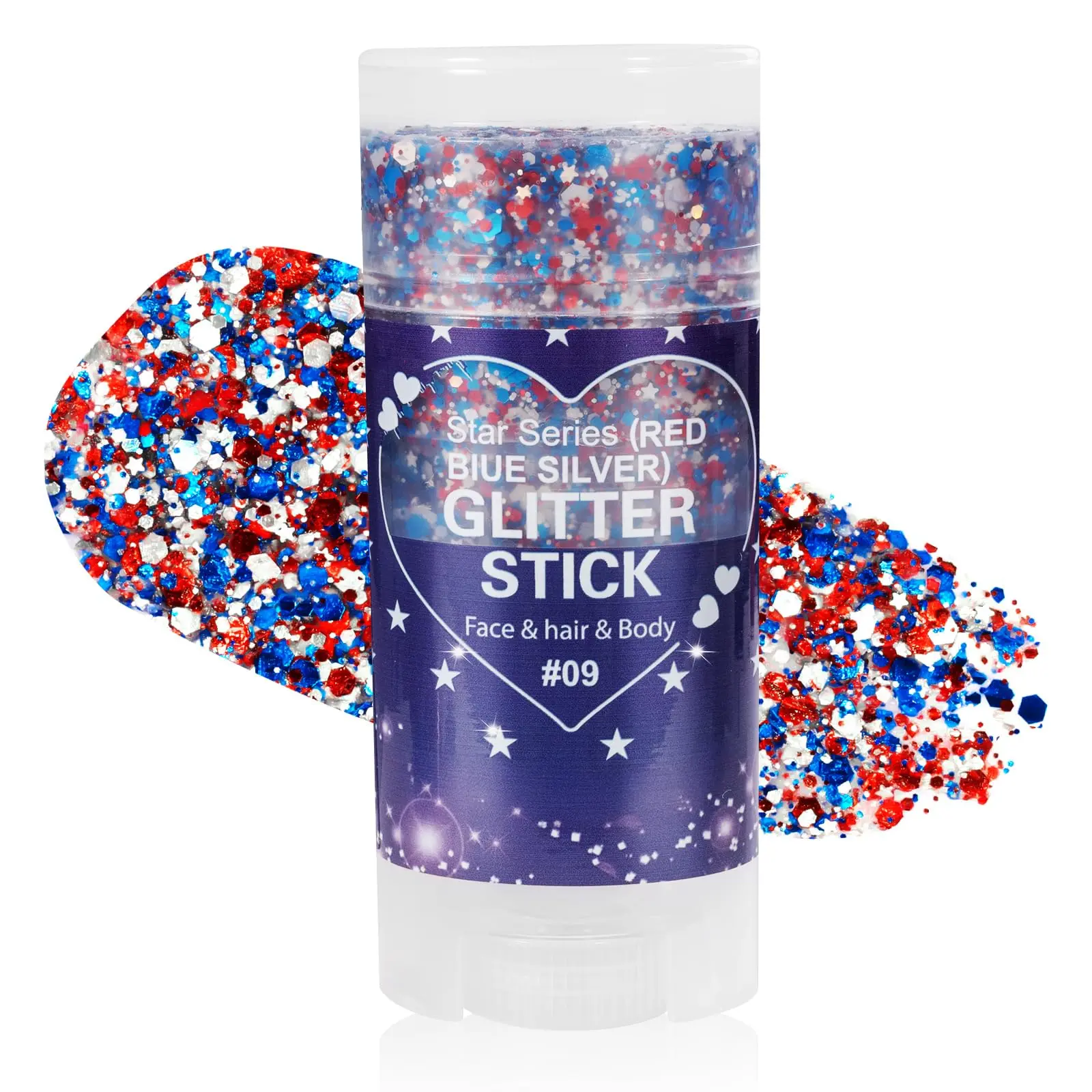 Patriotic Glitter Stick Cosmetic - 4th of July Face Body Paint, Waterproof, Hypoallergenic for Kids, Face Hair & Body Glow Makeup, Water Proof, Pearlescent Glitter, Smooth, Metallic Sparkle, Solid, Adults, None, Face+Hair+Clothes, Body Art, Sparkly Glitte