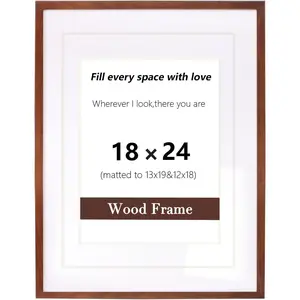 18x24 Picture Frame, Solid Natural Walnut Wood Poster Frame with Tempered Glass, 18 x 24 Wooden Photo Frame Matted to 13x19/12x18, Wall Display ready  to  hang