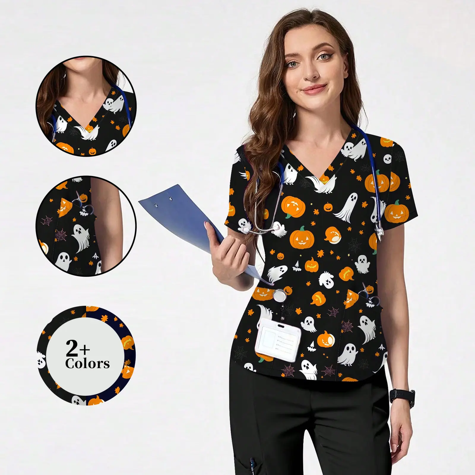 Cimmuovere Women's Halloween Print V-Neck Scrub Top for Nurses Dentists Loose Fit 100% Polyester Casual Uniforms with Pockets for Healthcare Workers Workwear Clothes