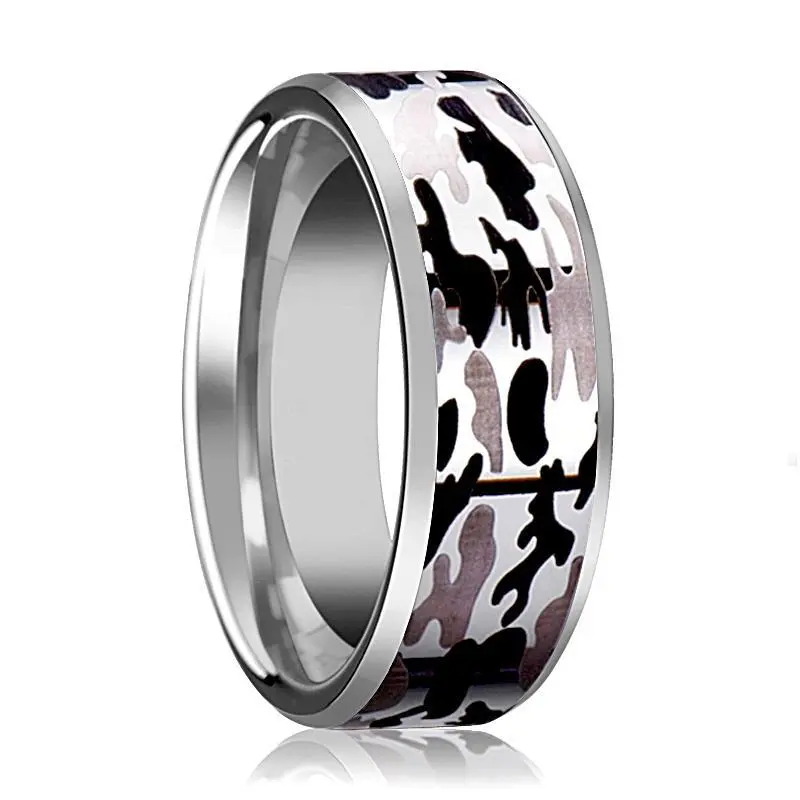 Tungsten Camo Ring - Black and Gray Camo  - Tungsten Wedding Band - Beveled - Polished Finish - 8mm - Tungsten Wedding Ring