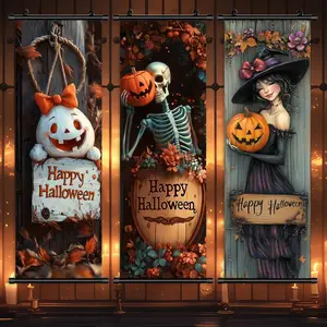 Funny Skeleton Character Decorations, 3 Counts/set Halloween Themed Hanging Banner,   Happy Halloween Text Posters, Halloween Decorations, Gift