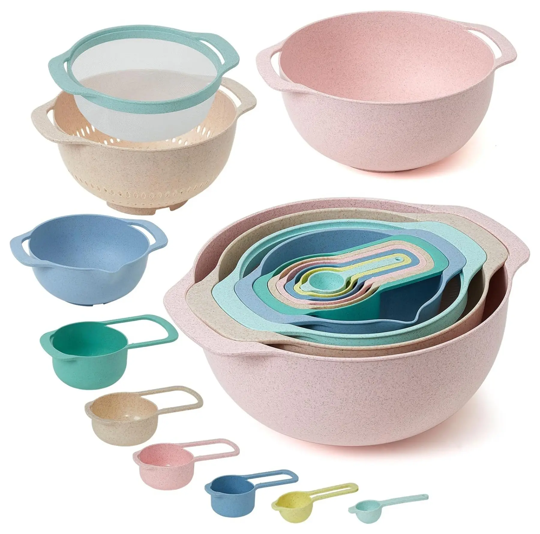 Plastic Mixing Bowls Set 10 PCS With Measuring Spoon, Colorful Serving Bowls for Kitchen, Ideal for Baking, Prepping, Nesting Bowls for Space Saving Storage