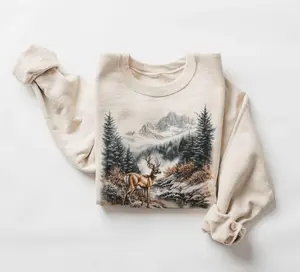 Retro Whitetail Buck Deer Winter Mountain Scene Sweatshirt - Nineties 90s Vintage Deer Nature Lover Outfit - Boho Unisex Crewneck Sweatshirt