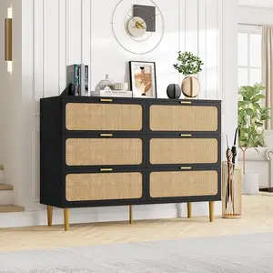 Rattan 6 Drawer Dresser for Bedroom, Large Double Dresser with Deep Drawers, Long Wooden Chest of Drawers for Closet with Wide Top, for Living Room, Hallway, Kids Room