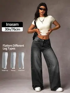 Vintage Boyfriend Wide Leg Button Jeans, Casual Floor-Length Trousers, Loose-Fitting Denim Jeans for All Seasons, Fashionable Women's Clothing